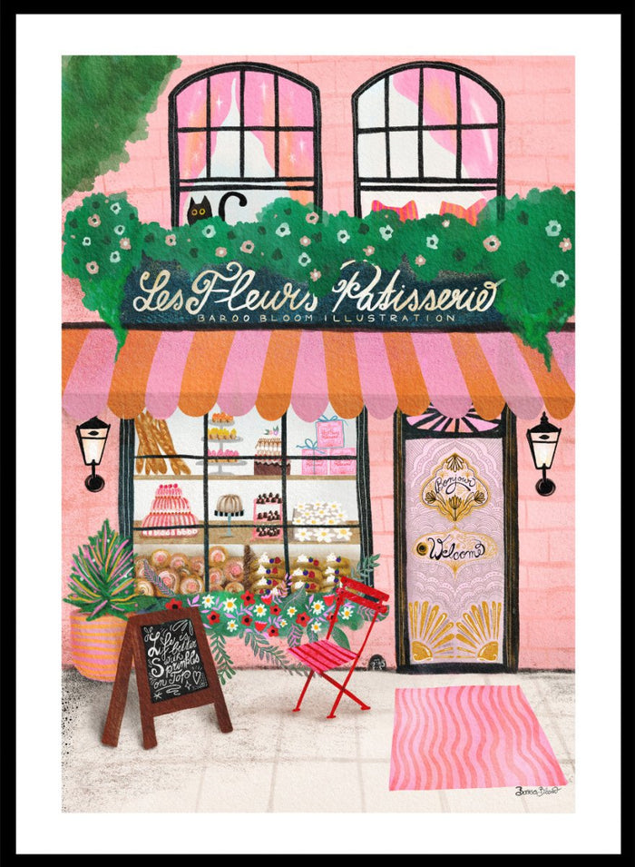 Illustration of a bakery named 'Les Fleuris Patisserie' with a pink exterior and greenery. Bake Shop Front by Baroo Bloom art print featuring a colorful bakery storefront illustration. Whimsical European street scene wall poster with pink tones and playful detail.