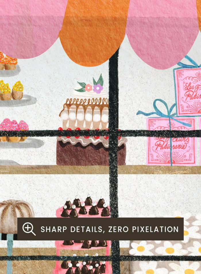 Illustration of a bakery named 'Les Fleuris Patisserie' with a pink exterior and greenery. Bake Shop Front by Baroo Bloom art print featuring a colorful bakery storefront illustration. Whimsical European street scene wall poster with pink tones and playful detail.
