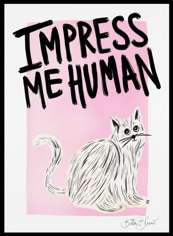 Cartoon cat with 'Impress Me Human' text on a pink background. Cat Owner. Impress Me Human by Baroo Bloom is a playful cat art print featuring hand-drawn illustration and humorous typography. Officially licensed wall poster with optional framing.