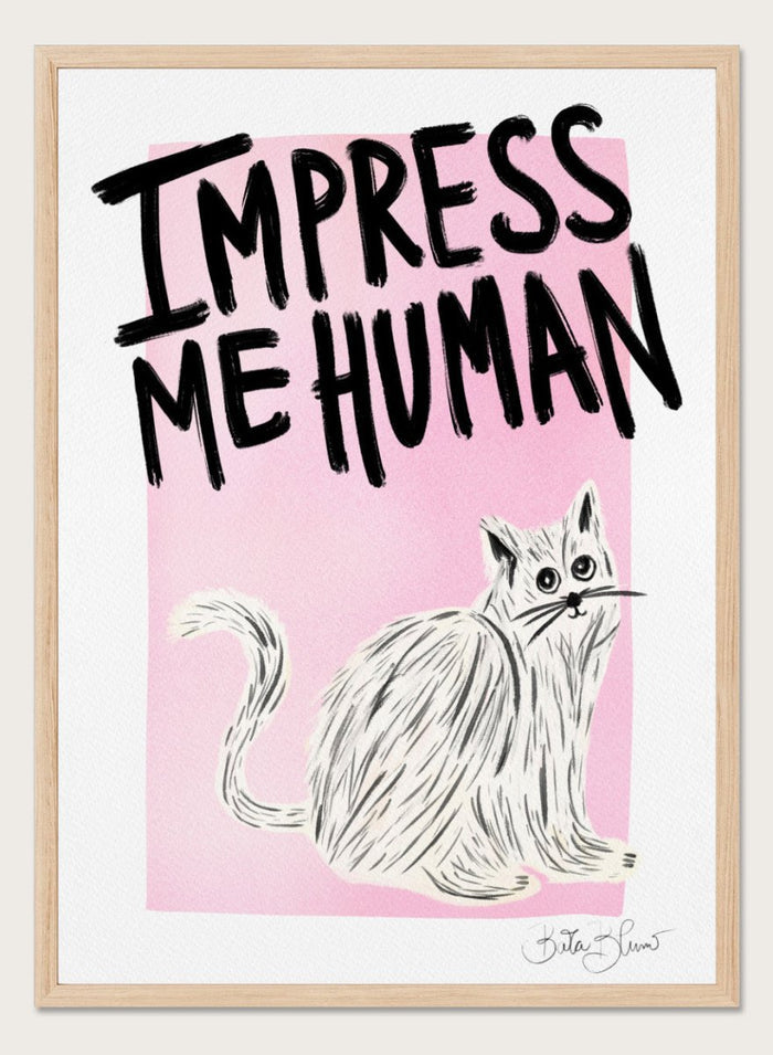Cartoon cat with 'Impress Me Human' text on a pink background. Cat Owner. Impress Me Human by Baroo Bloom is a playful cat art print featuring hand-drawn illustration and humorous typography. Officially licensed wall poster with optional framing.