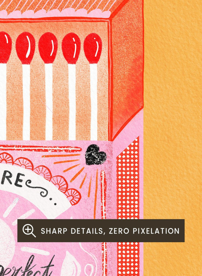 Illustration of a matchbox with 'We are the perfect match' text on a yellow background. Match Box, The Perfect Match by Baroo Bloom is a playful love-themed art print featuring a pink illustrated matchbox. Officially licensed wall poster with optional framing.