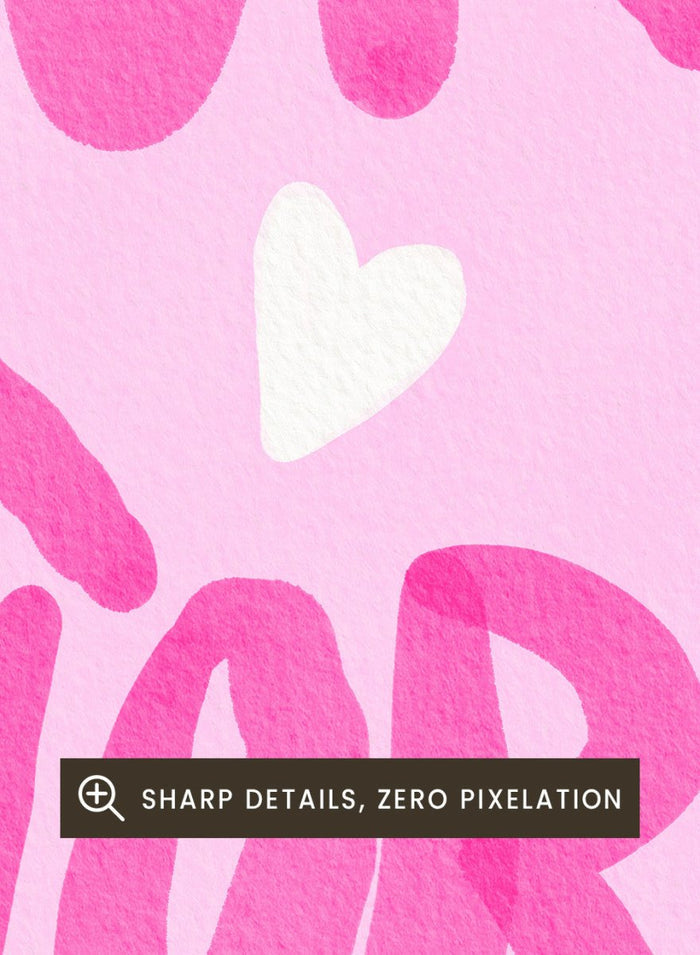 Pink text 'More Amor Por Favor' with a heart on a pink background. More Amor Por Favor by Baroo Bloom features bold pink hand-painted typography and a playful love message. Officially licensed wall poster with optional framing.