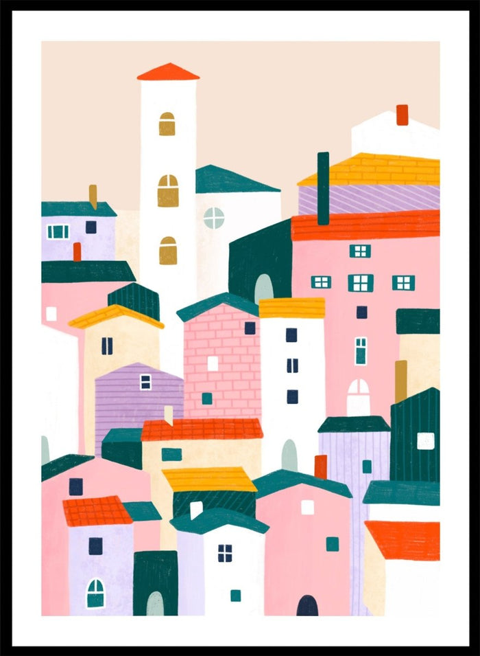 A framed minimalist art print depicting a cluster of stylized pastel houses and a church tower in pink, peach, teal, yellow, and cream tones. Charming Colorful Houses by Bea Müller premium framed fine art print featuring a playful town of pink, lavender, cream, and teal buildings.