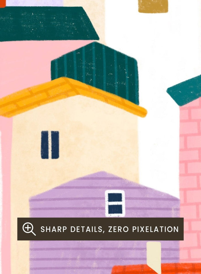 A framed minimalist art print depicting a cluster of stylized pastel houses and a church tower in pink, peach, teal, yellow, and cream tones. Charming Colorful Houses by Bea Müller premium framed fine art print featuring a playful town of pink, lavender, cream, and teal buildings.