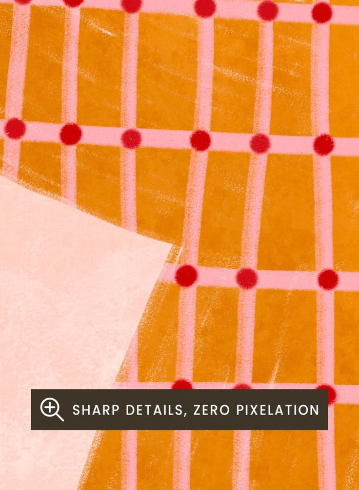 A framed art print featuring a stylized illustration of a woman in profile wearing a bright orange dress with a red grid pattern, set against a pale pink background. Dancing Woman in Orange by Bea Müller premium fine art print featuring a bold figure, warm orange tones, and a playful graphic composition.
