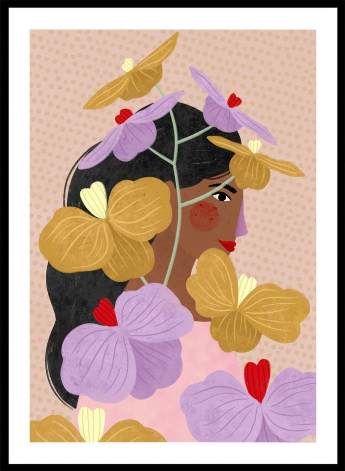 A framed art print featuring a stylized illustration of a woman with dark hair surrounded by large purple and yellow flowers on a beige patterned background. Floral Woman Portrait by Bea Müller premium framed fine art print featuring a woman surrounded by oversized lilac, mustard, and red flowers.