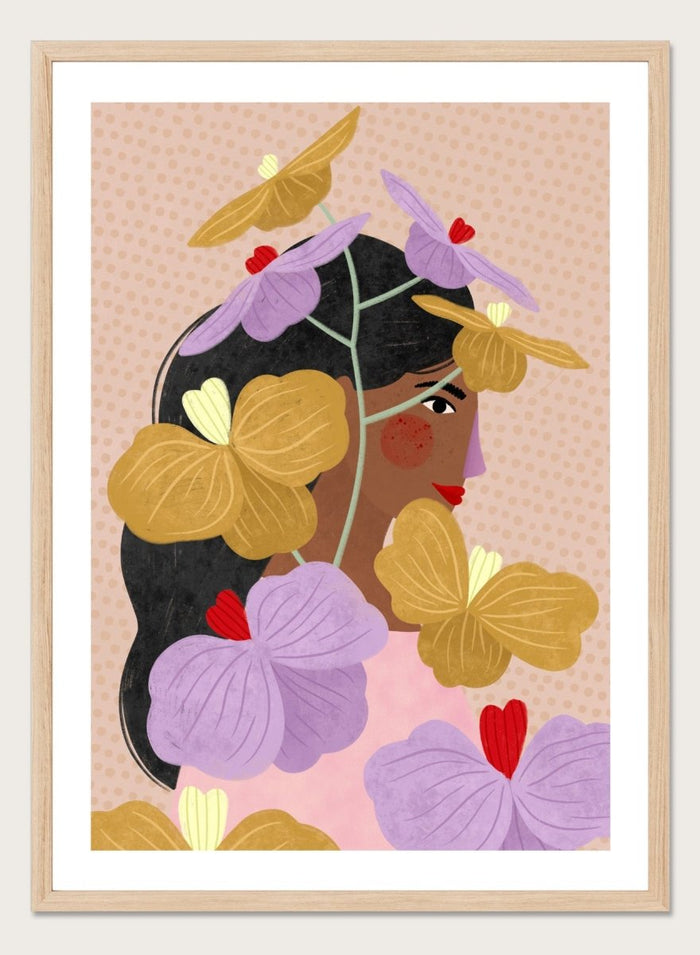A framed art print featuring a stylized illustration of a woman with dark hair surrounded by large purple and yellow flowers on a beige patterned background. Floral Woman Portrait by Bea Müller premium framed fine art print featuring a woman surrounded by oversized lilac, mustard, and red flowers.