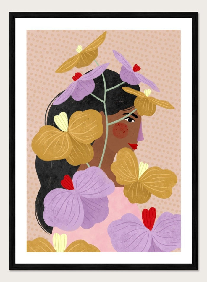 A framed art print featuring a stylized illustration of a woman with dark hair surrounded by large purple and yellow flowers on a beige patterned background. Floral Woman Portrait by Bea Müller premium framed fine art print featuring a woman surrounded by oversized lilac, mustard, and red flowers.