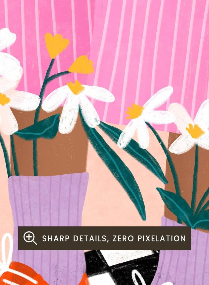 A stylized fashion illustration of a person's legs wearing pink pinstripe trousers, lavender socks, orange and pink shoes, and holding white flowers, set against a peach background with a black-and-white checkered floor. Flowering Oxford Style by Bea Müller premium framed fine art print featuring colorful Oxford shoes, lilac socks, and flowers on a checkered floor.
