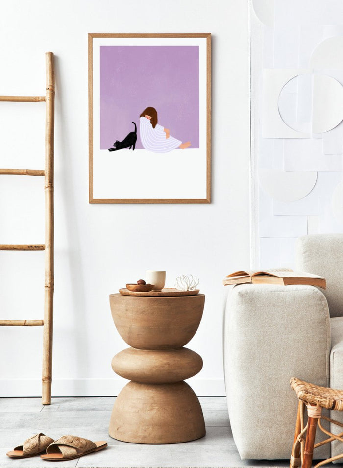 Girl and Cat by Bea Müller is an officially licensed art print featuring a quiet moment between a girl and her cat. Soft colors, modern illustration, available framed or unframed.