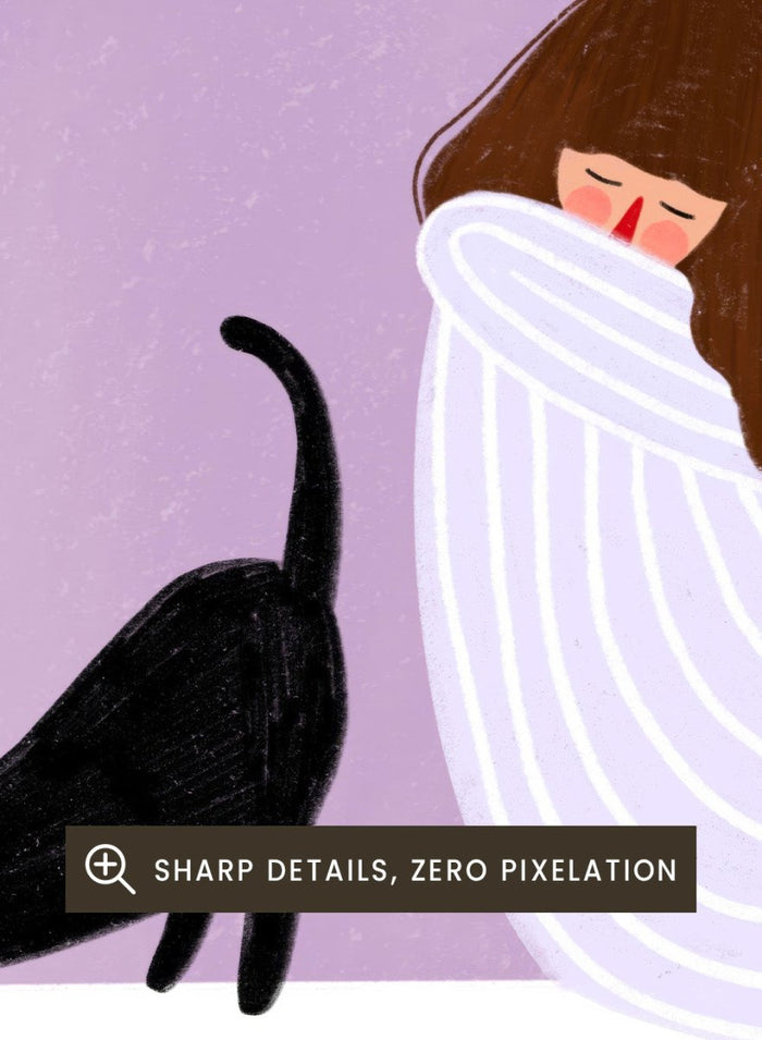 Girl and Cat by Bea Müller is an officially licensed art print featuring a quiet moment between a girl and her cat. Soft colors, modern illustration, available framed or unframed.