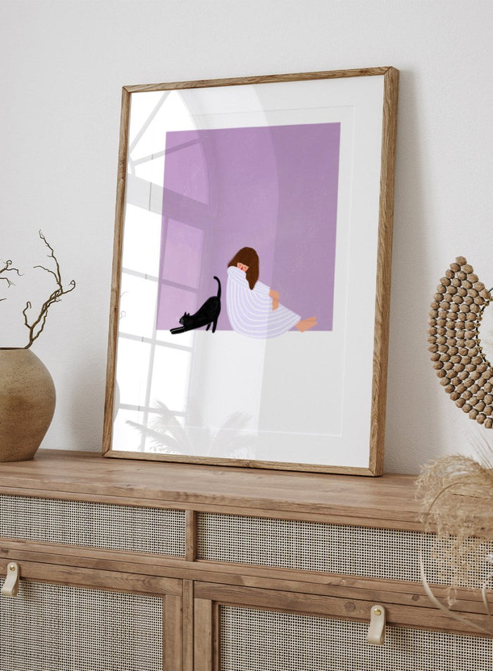 Girl and Cat by Bea Müller is an officially licensed art print featuring a quiet moment between a girl and her cat. Soft colors, modern illustration, available framed or unframed.