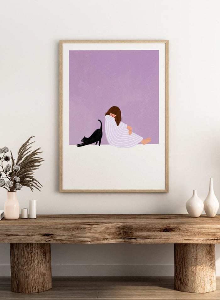 Girl and Cat by Bea Müller is an officially licensed art print featuring a quiet moment between a girl and her cat. Soft colors, modern illustration, available framed or unframed.