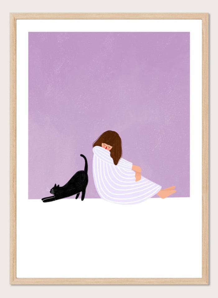 Girl and Cat by Bea Müller is an officially licensed art print featuring a quiet moment between a girl and her cat. Soft colors, modern illustration, available framed or unframed.