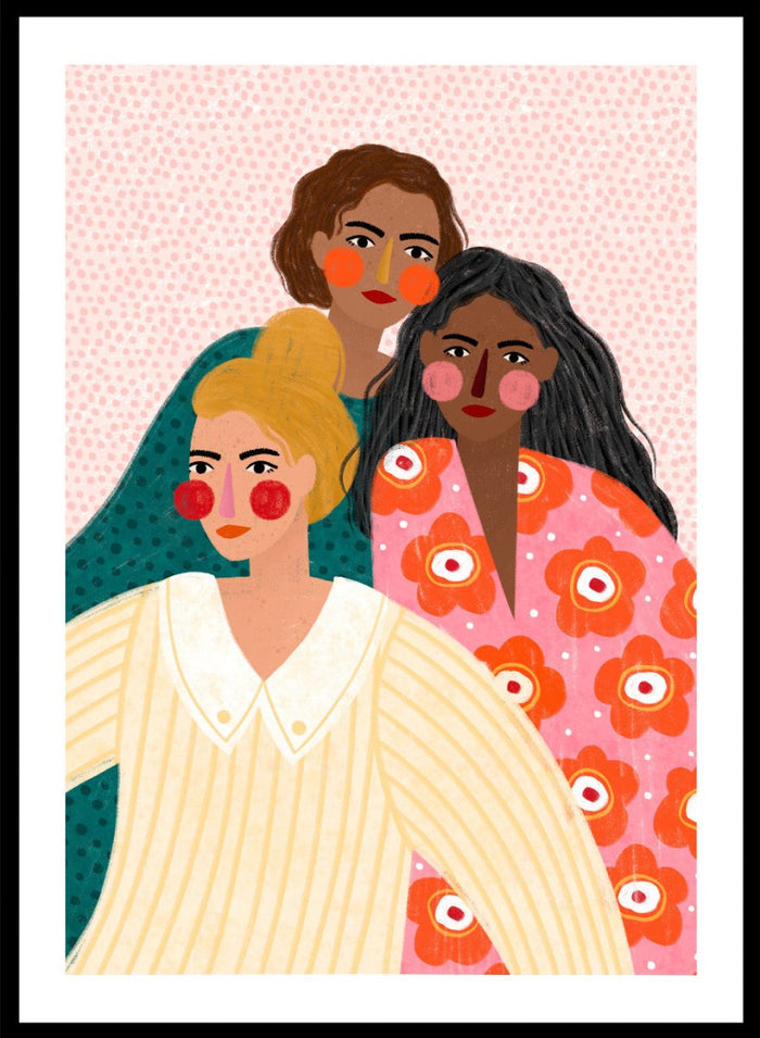 Illustration of three women with colorful clothing and patterns on a pink background. Girl Friends by Bea Müller is an officially licensed art print featuring three women illustrated in her signature bold colors and modern expressive style.