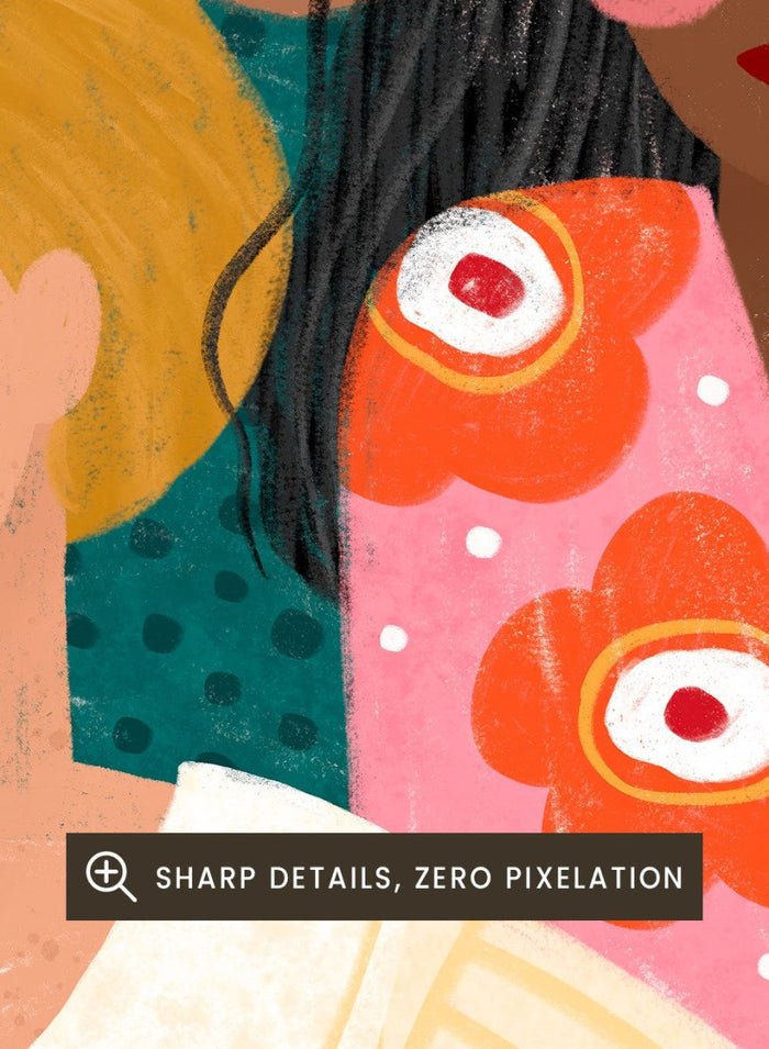 Illustration of three women with colorful clothing and patterns on a pink background. Girl Friends by Bea Müller is an officially licensed art print featuring three women illustrated in her signature bold colors and modern expressive style.