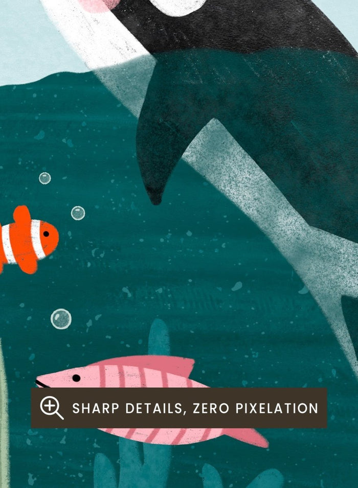 A framed art print featuring a whimsical underwater scene with an orca, coral, fish, and a woman in an orange dress standing on a cliff edge under a sun. Girl Watches Ocean Life by Bea Müller premium framed fine art print featuring a child watching an orca swim through a colorful underwater world.