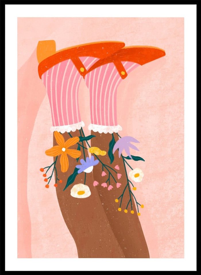 A stylized art print featuring a pair of legs wearing pink striped socks with white ruffles, decorated with colorful wildflowers, and topped with orange high-heeled shoes, set against a textured pink background. Happy Feet and Flowers by Bea Müller premium framed fine art print featuring red Mary Janes, striped socks, and colorful flowers on a soft pink background.