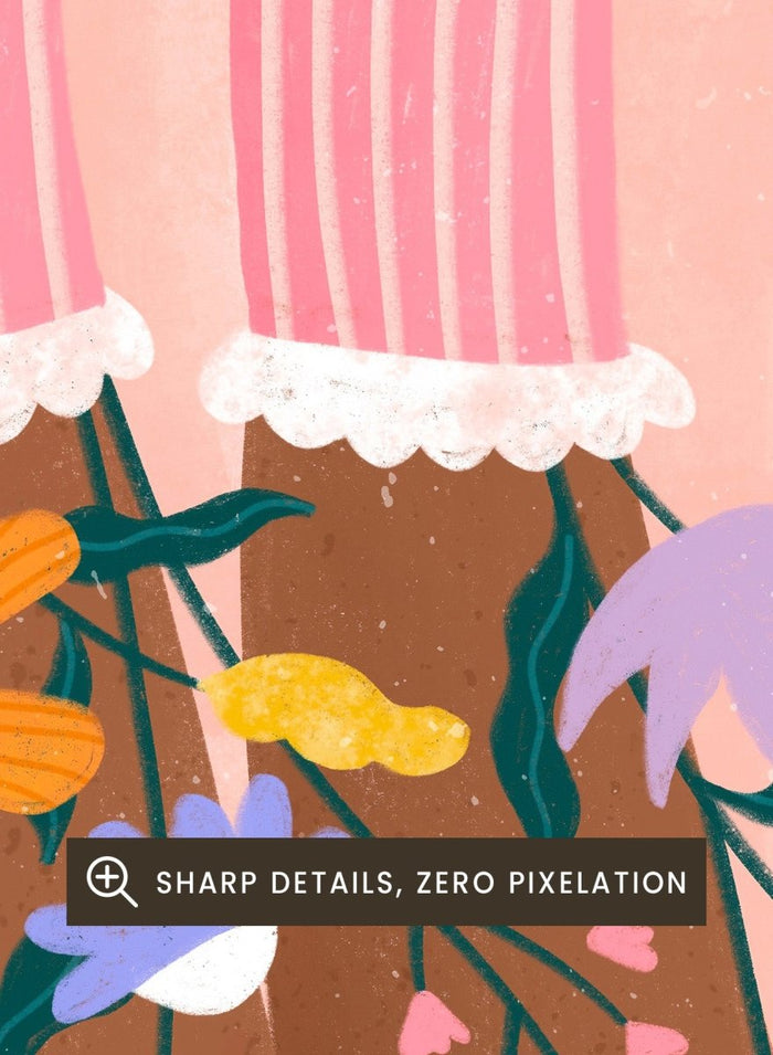 A stylized art print featuring a pair of legs wearing pink striped socks with white ruffles, decorated with colorful wildflowers, and topped with orange high-heeled shoes, set against a textured pink background. Happy Feet and Flowers by Bea Müller premium framed fine art print featuring red Mary Janes, striped socks, and colorful flowers on a soft pink background.