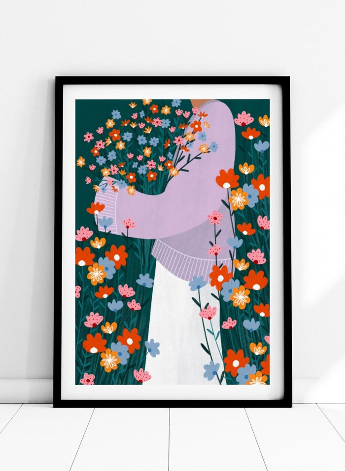 Bea Müller - Happy Woman Holding Flowers Art Print