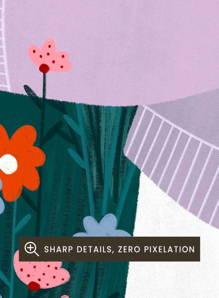 A stylized art print featuring a woman in a lavender sweater and white skirt holding a large bouquet of colorful wildflowers, framed by dense flowers on a dark teal background. Happy Woman Holding Flowers by Bea Müller premium framed fine art print featuring a woman carrying wildflowers in bright orange, pink, blue, and teal.