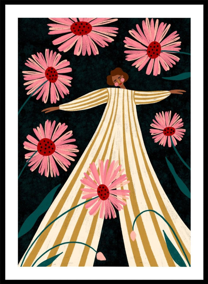 A framed art print featuring a stylized illustration of a woman in a cream and gold striped dress surrounded by large pink flowers on a dark background. Joyful Woman In Bloom by Bea Müller premium framed fine art print featuring a woman in a striped dress surrounded by oversized pink flowers.