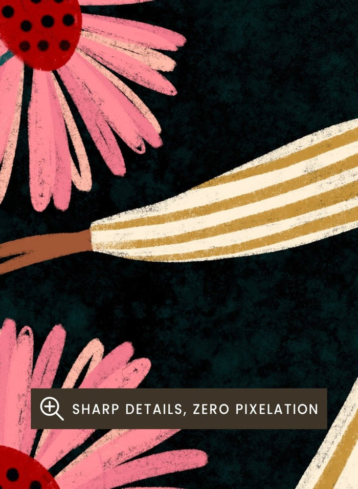 A framed art print featuring a stylized illustration of a woman in a cream and gold striped dress surrounded by large pink flowers on a dark background. Joyful Woman In Bloom by Bea Müller premium framed fine art print featuring a woman in a striped dress surrounded by oversized pink flowers.
