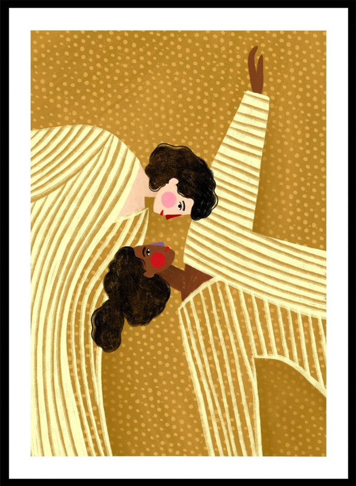 A framed art print featuring a stylized illustration of two women in cream and gold striped dresses against a textured gold background. Loving Embrace by Bea Müller premium fine art print featuring two figures in striped clothing, with warm colors and a bold, intimate composition.