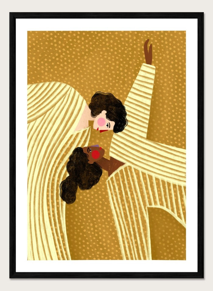 A framed art print featuring a stylized illustration of two women in cream and gold striped dresses against a textured gold background. Loving Embrace by Bea Müller premium fine art print featuring two figures in striped clothing, with warm colors and a bold, intimate composition.