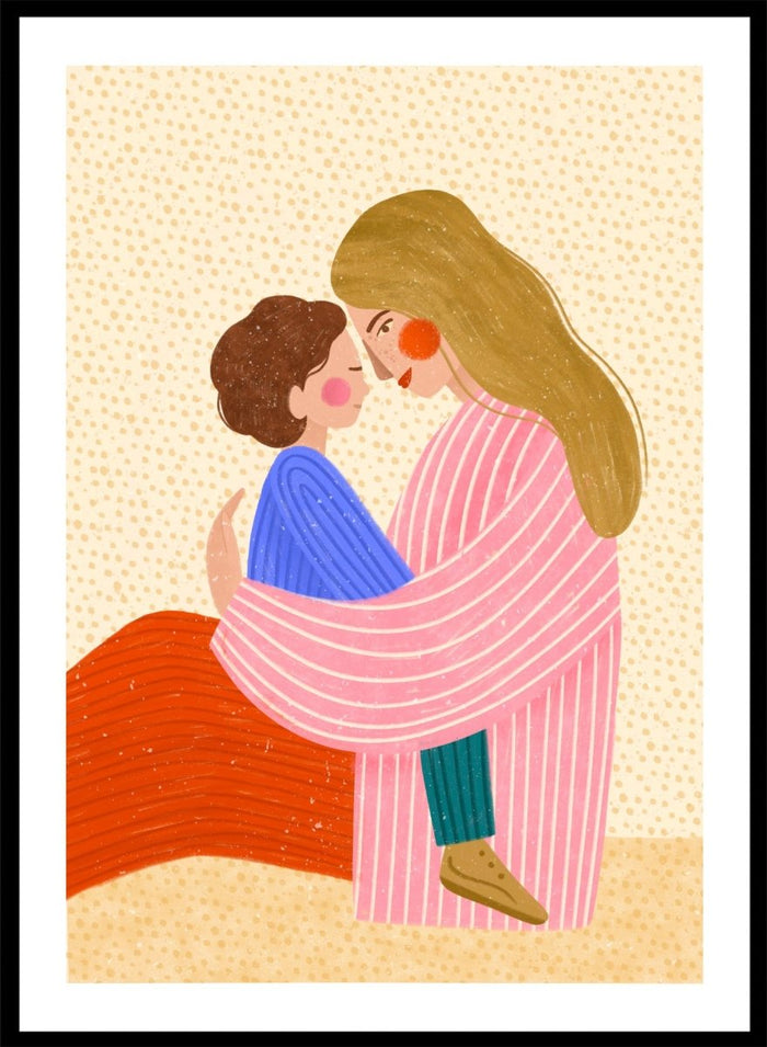 A framed art print featuring a stylized illustration of a woman in a pink striped robe embracing a child in a blue sweater. Loving Mother Child Embrace by Bea Müller premium framed fine art print featuring a mother holding her child close in warm, colorful tones.