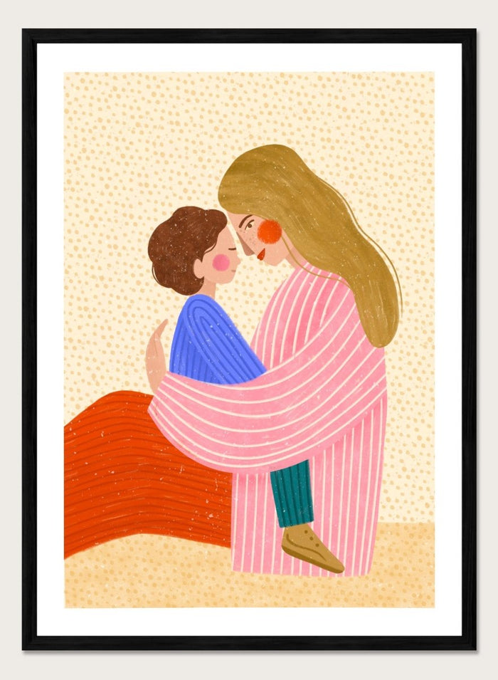 A framed art print featuring a stylized illustration of a woman in a pink striped robe embracing a child in a blue sweater. Loving Mother Child Embrace by Bea Müller premium framed fine art print featuring a mother holding her child close in warm, colorful tones.