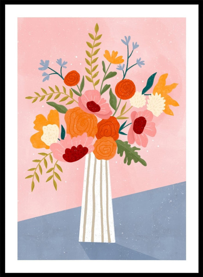 A framed art print featuring a colorful, stylized illustration of a flower bouquet in a striped vase against a pink and blue background. Modern Floral Arrangement by Bea Müller premium framed fine art print featuring a colorful bouquet in a striped vase on a soft pink background.