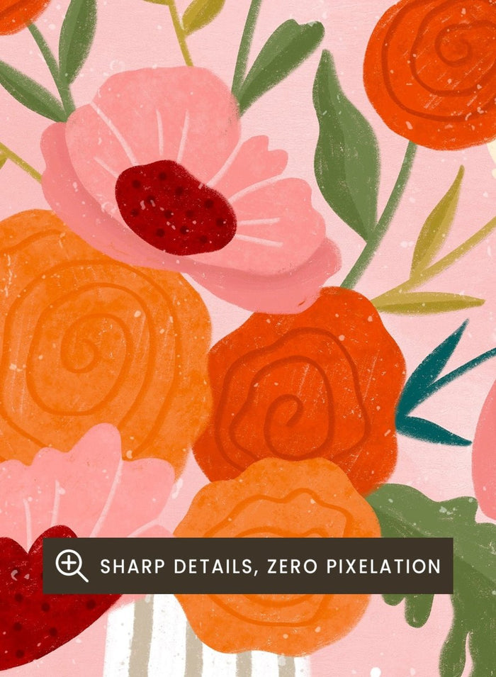 A framed art print featuring a colorful, stylized illustration of a flower bouquet in a striped vase against a pink and blue background. Modern Floral Arrangement by Bea Müller premium framed fine art print featuring a colorful bouquet in a striped vase on a soft pink background.