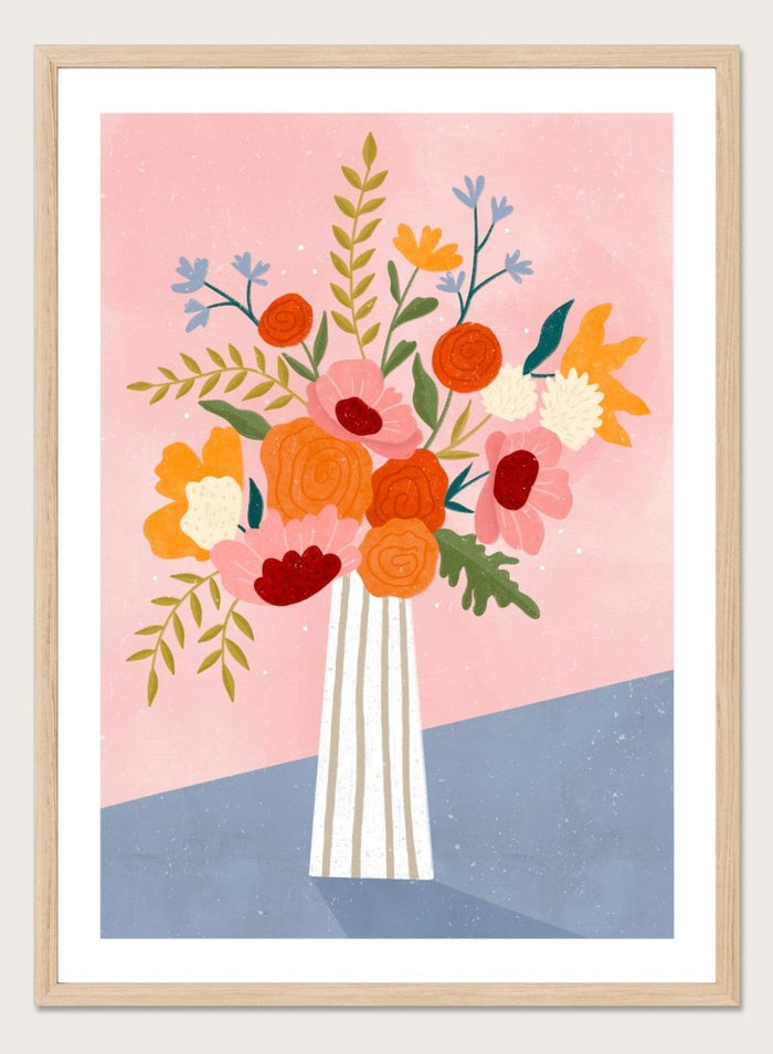 A framed art print featuring a colorful, stylized illustration of a flower bouquet in a striped vase against a pink and blue background. Modern Floral Arrangement by Bea Müller premium framed fine art print featuring a colorful bouquet in a striped vase on a soft pink background.