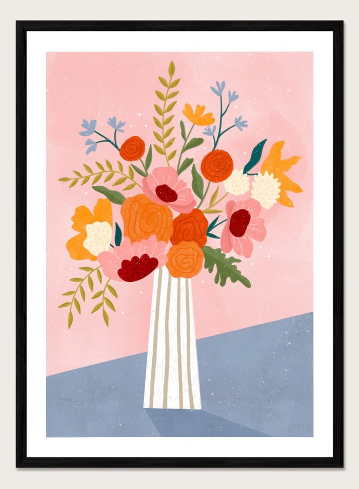 A framed art print featuring a colorful, stylized illustration of a flower bouquet in a striped vase against a pink and blue background. Modern Floral Arrangement by Bea Müller premium framed fine art print featuring a colorful bouquet in a striped vase on a soft pink background.