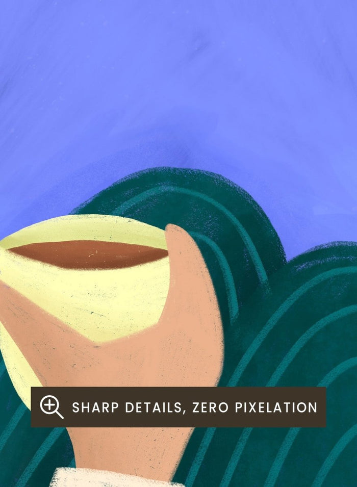A framed minimalist art print featuring a stylized woman in profile with brown hair, a cream sweater, and a dark teal cape against a textured blue background, holding a pale yellow cup. Peaceful Coffee Moment by Bea Müller premium framed fine art print featuring a woman curled up with a warm drink in soft blue, cream, and teal tones.