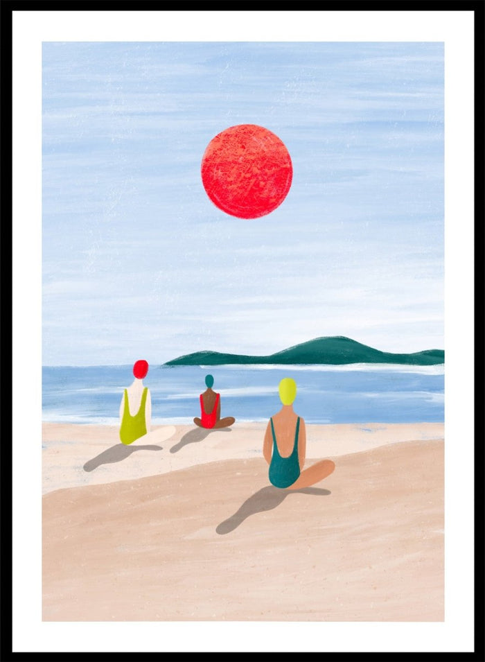 A minimalist art print depicting three figures meditating on a sandy beach under a large red sun. Red Sun Beach Serenity by Bea Müller premium fine art print featuring three figures on a beach beneath a bold red sun in a calm coastal setting.