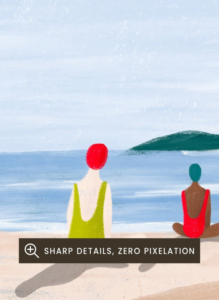 A minimalist art print depicting three figures meditating on a sandy beach under a large red sun. Red Sun Beach Serenity by Bea Müller premium fine art print featuring three figures on a beach beneath a bold red sun in a calm coastal setting.