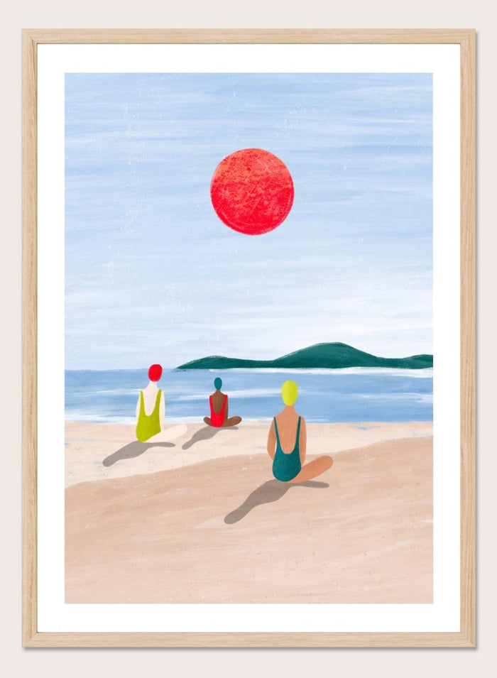A minimalist art print depicting three figures meditating on a sandy beach under a large red sun. Red Sun Beach Serenity by Bea Müller premium fine art print featuring three figures on a beach beneath a bold red sun in a calm coastal setting.