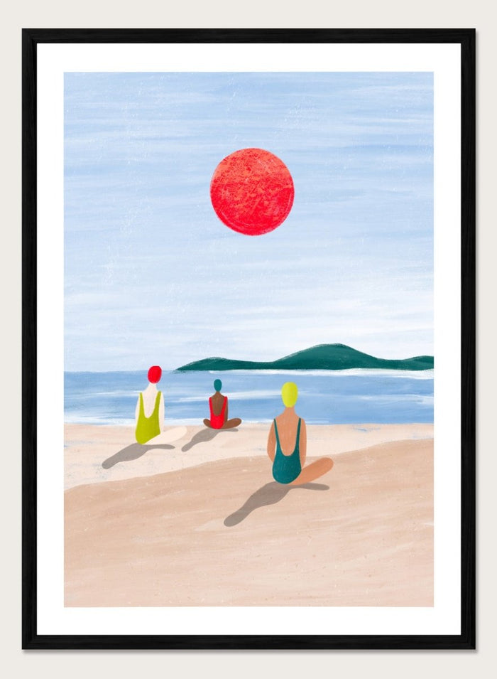 A minimalist art print depicting three figures meditating on a sandy beach under a large red sun. Red Sun Beach Serenity by Bea Müller premium fine art print featuring three figures on a beach beneath a bold red sun in a calm coastal setting.