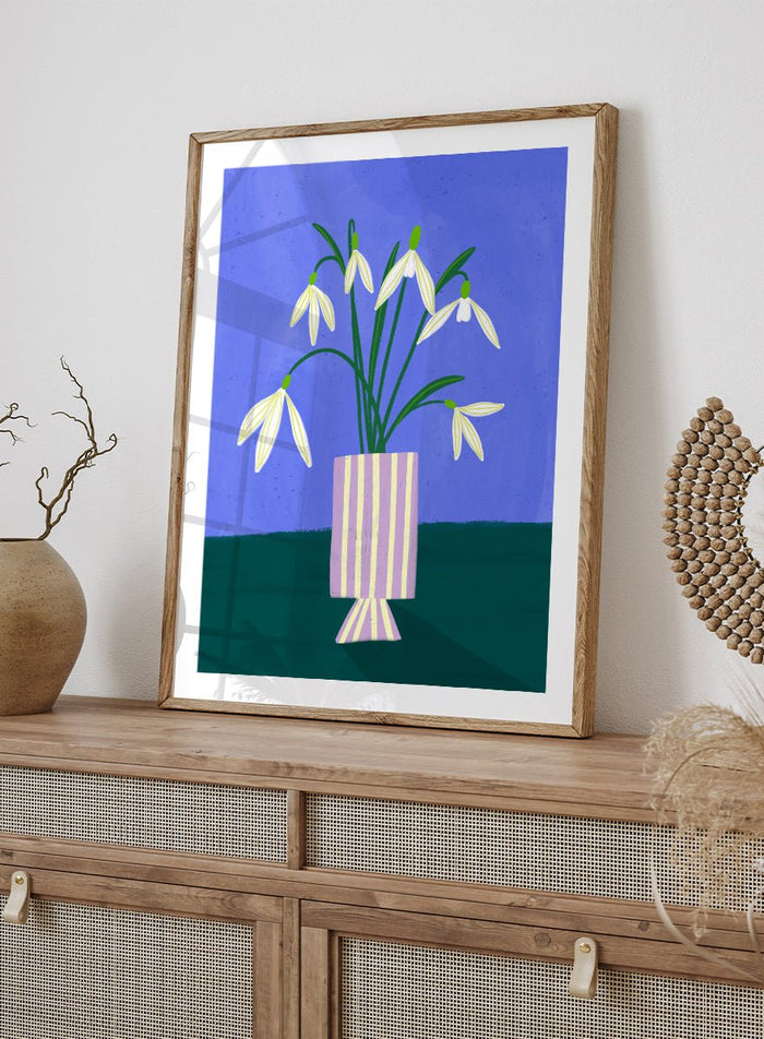 Bea Müller - Snowdrops in Striped Vase Art Print_Sugar & Canvas_Bea Müller