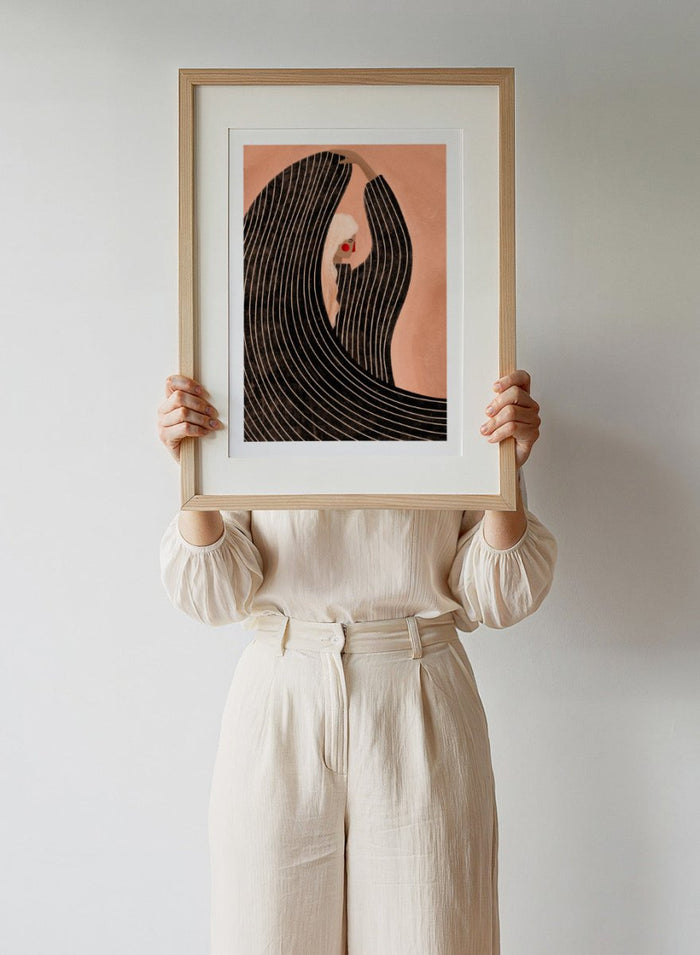 The Woman With the Black Dress by Bea Müller is an officially licensed art print featuring modern illustration, bold graphic shape, and refined color. Available framed or unframed.