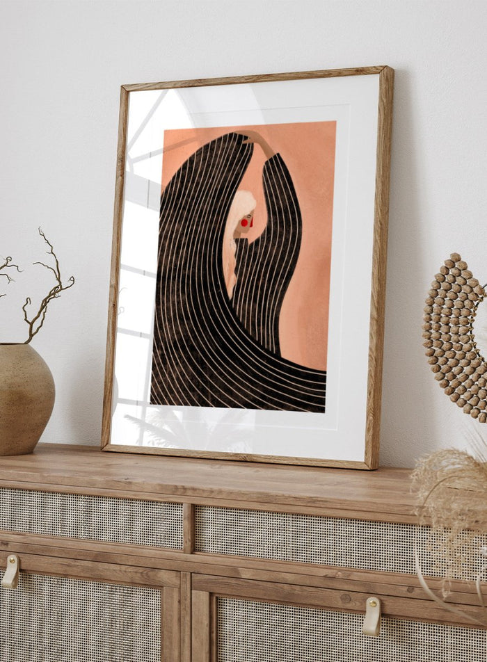 The Woman With the Black Dress by Bea Müller is an officially licensed art print featuring modern illustration, bold graphic shape, and refined color. Available framed or unframed.