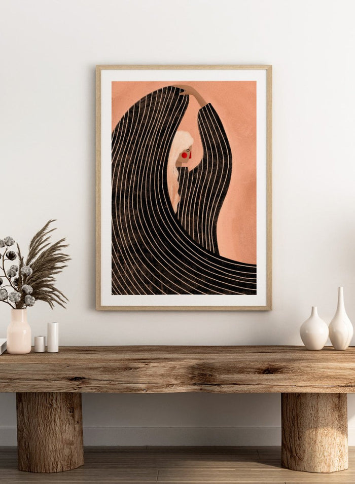The Woman With the Black Dress by Bea Müller is an officially licensed art print featuring modern illustration, bold graphic shape, and refined color. Available framed or unframed.