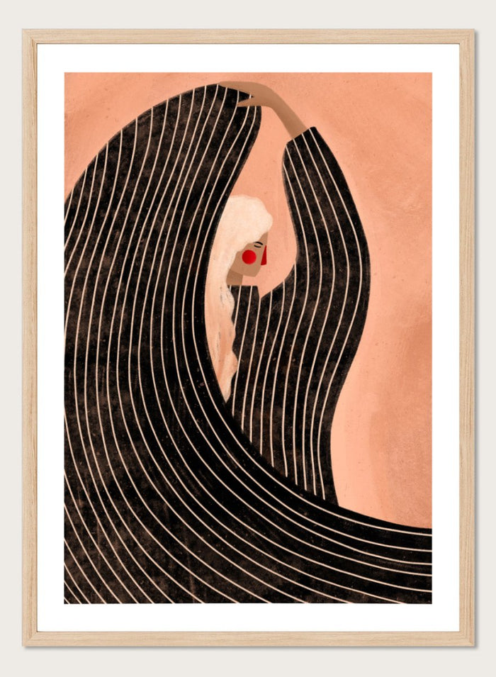 The Woman With the Black Dress by Bea Müller is an officially licensed art print featuring modern illustration, bold graphic shape, and refined color. Available framed or unframed.