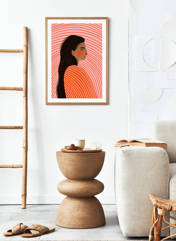 The Woman With the Lines by Bea Müller is an officially licensed art print featuring a modern illustrated portrait with bold curved lines. Available framed or unframed.