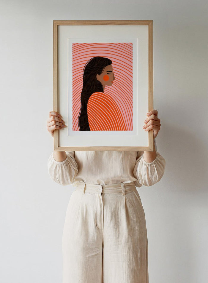 The Woman With the Lines by Bea Müller is an officially licensed art print featuring a modern illustrated portrait with bold curved lines. Available framed or unframed.