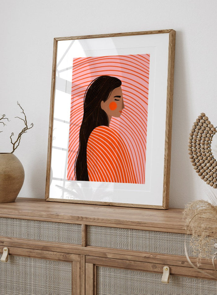 The Woman With the Lines by Bea Müller is an officially licensed art print featuring a modern illustrated portrait with bold curved lines. Available framed or unframed.