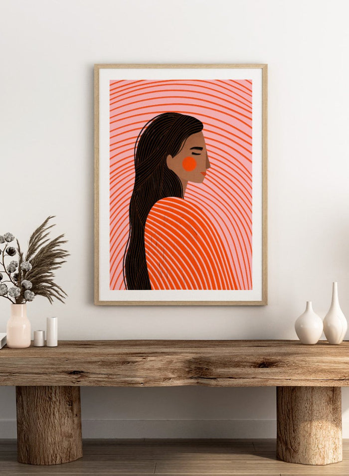 The Woman With the Lines by Bea Müller is an officially licensed art print featuring a modern illustrated portrait with bold curved lines. Available framed or unframed.