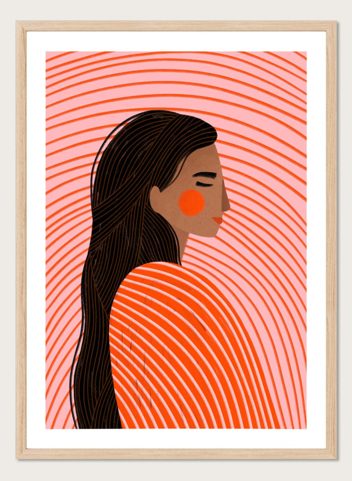 The Woman With the Lines by Bea Müller is an officially licensed art print featuring a modern illustrated portrait with bold curved lines. Available framed or unframed.